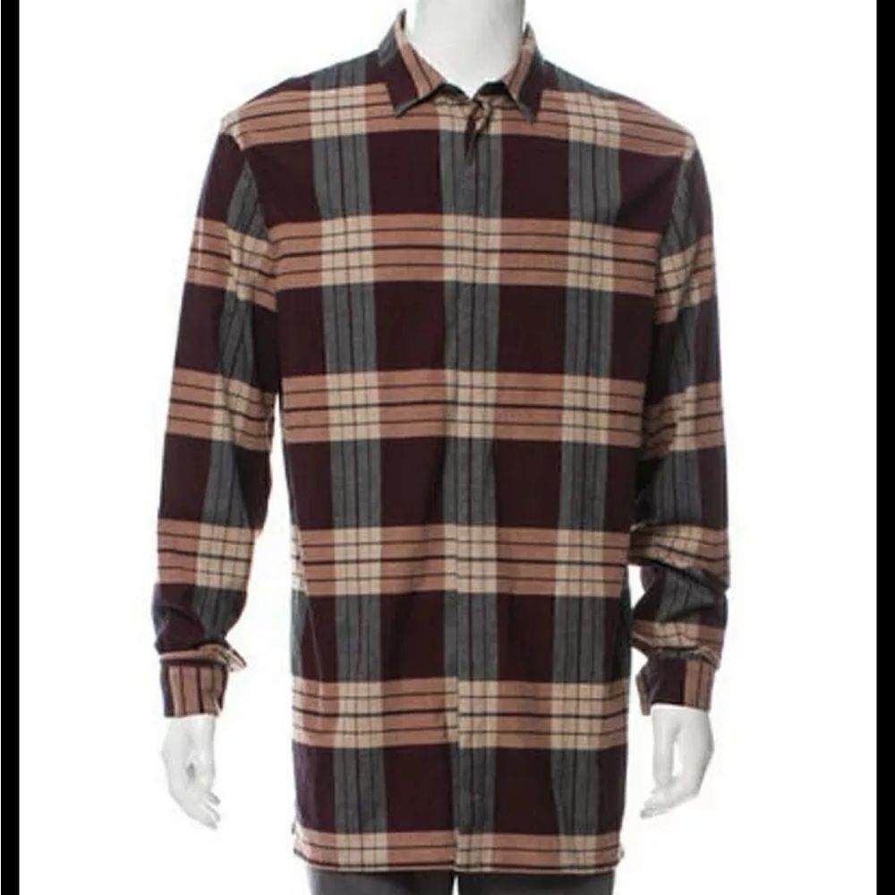 Helmut Lang Mens Burgundy Plaid Flannel Long Hem Button Down Shirt